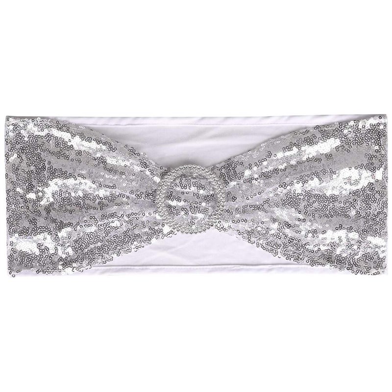 Desirable Life Pack of 25 Chair Sashes Sequin Stretchy Spandex Bands Decorative Bows One-Sided Sequins Decor for Romantic Wedding Party Home Chair Cover Sash Decorations - Silver - Image 2